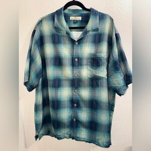 Tommy Bahama 100% silk Blue Green Plaid Casual Button‎ Down Shirt